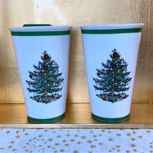 (2) SPODE Christmas Tree Travel Coffee / Hot Chocolate Mugs